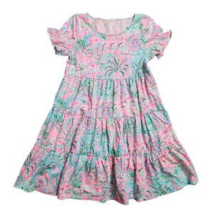 Lilly Pulitzer Women Size M Pink Flamingo Tiered Short Sleeve Dress Cotton City
